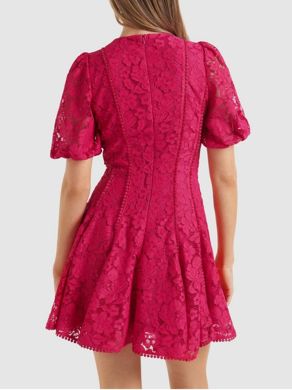 Ever New Milly Lace Trim Mini Dress Bright Rose Pink Puff Sleeve - Picture 4 of 12